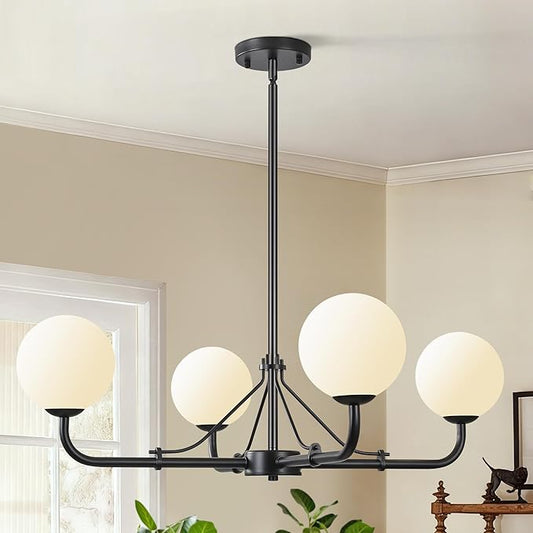 4 Lights Black Chandelier, Mid Century Modern Chandeliers for Dining Room, Hanging Sputnik Light Fixture for Living Room Kitchen Island Foyer Bedroom, Milk White Globe Glass Shade