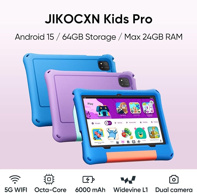 Kids Tablet, Android 15 Tablet for Kids 10 inch Octa-Core with Case, 24GB RAM 64GB ROM 1TB TF Card Expandable for Toddler Children, Parental Control, Dual Camera, BT5.0, WiFi, Gift (Blue)