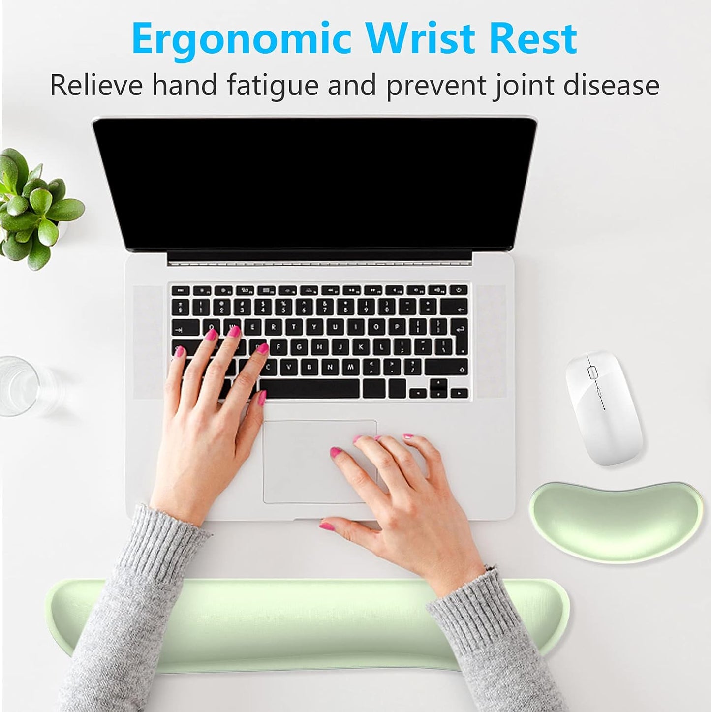 Dapesuom Enlarge Keyboard Wrist Rest, Memory Foam Wrist Cushion for Desk Mats Support, Cute Typing Pain Relief Keyboard Mouse Pad Rests Set with Non-Slip Base for Gaming Laptop Office, Lake Green