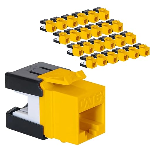 ICC CAT6A Keystone Jack with Slim Profile 180 Degree Punch Down, 10Gbps RJ45 UL Listed PoE++ TAA Compliant for Wall Plate or Patch Panel, Works with JackEasy Termination Tool, Yellow 25 Pack