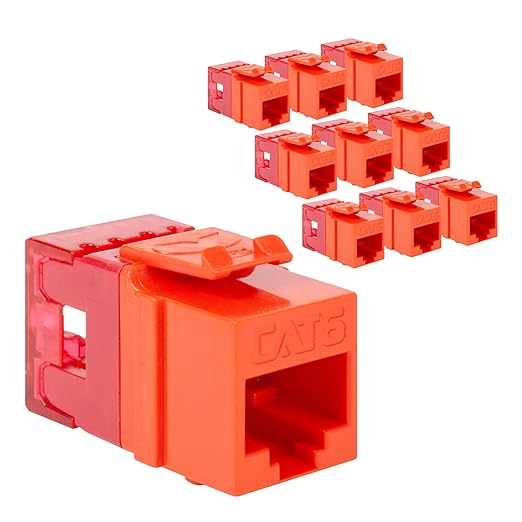 ICC CAT6 Keystone Jack with Slim Profile 180 Degree Punch Down, RJ45 UL Listed PoE++ TAA Compliant for Wall Plate or Patch Panel, Works with JackEasy Termination Tool, Orange 10 Pack