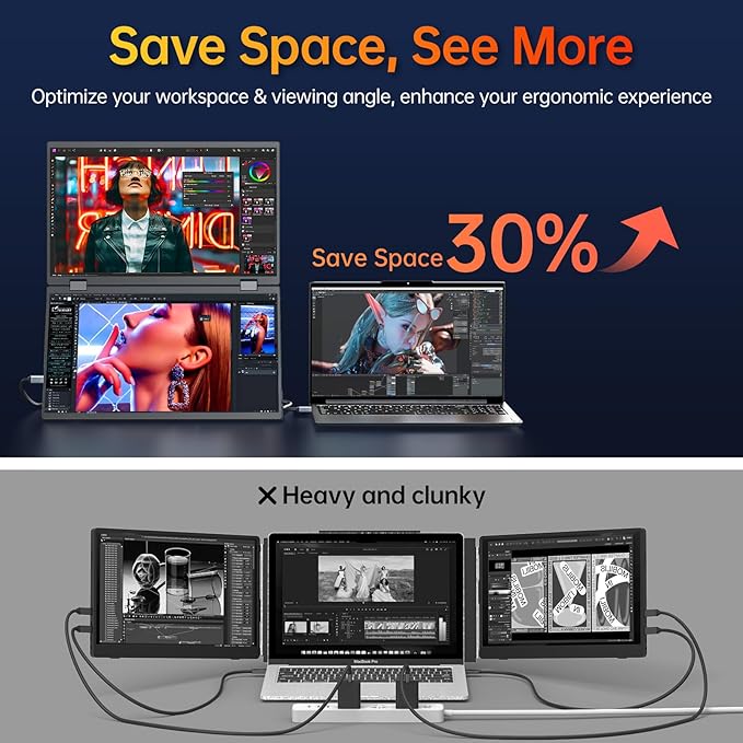 VisionOwl Portable Monitor Dual 15.6 Inch 1080P FHD 107% sRGB Foldable Second Screen, USB-C HDMI HDR Stacked Travel Monitor for Laptop MacBook PC PS5 Xbox, VESA Mountable, with Adjustable Kickstand