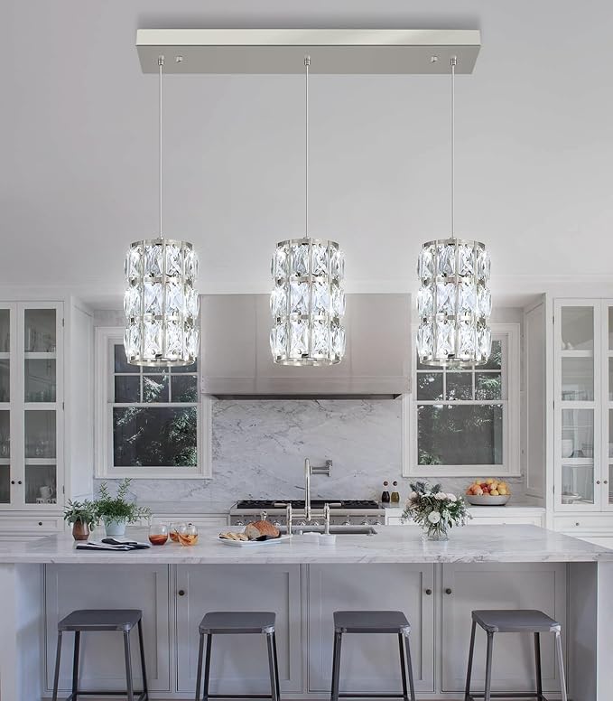 3-Lights Rectangle Modern Crystal Pendant Lights for Kitchen Island LED Dimmable Glam Pendant Lighting Chandelier for Dining Room Hallway Corner Lamp Nickel