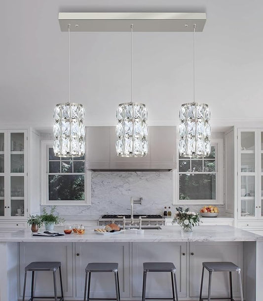 3-Lights Rectangle Modern Crystal Pendant Lights for Kitchen Island LED Dimmable Glam Pendant Lighting Chandelier for Dining Room Hallway Corner Lamp Nickel