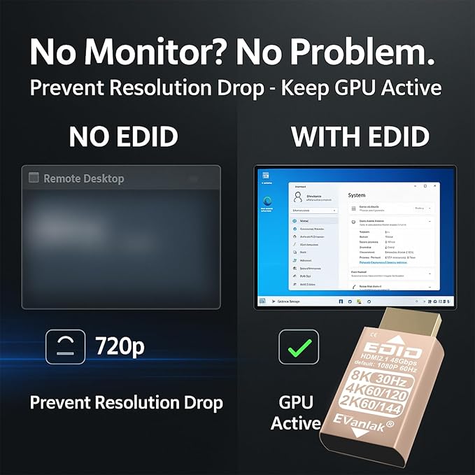 EVanlak HDMI EDID Emulator Adapter Dummy Plug, Virtual Display Headless Ghost HDMI Passthrough 1080P@60Hz to 8K@30Hz, Bi-Directional, Gold-1P
