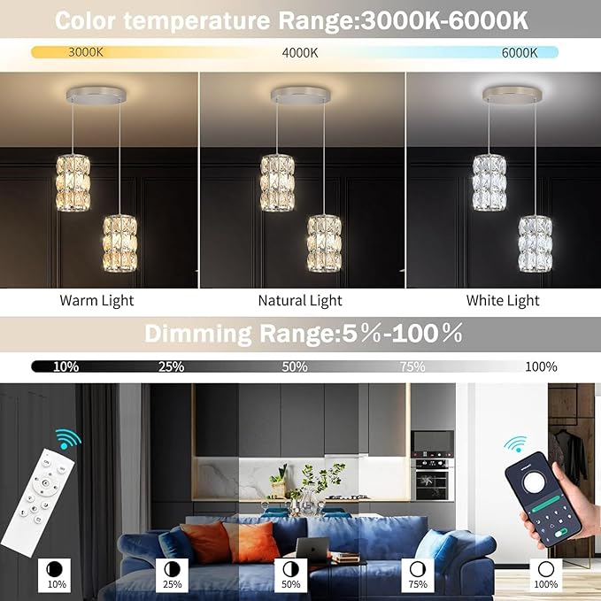 2-Lights Modern Crystal Pendant Lights for Kitchen Island LED Dimmable Glam Pendant Lighting Chandelier for Dining Room Hallway Corner Lamp Nickel