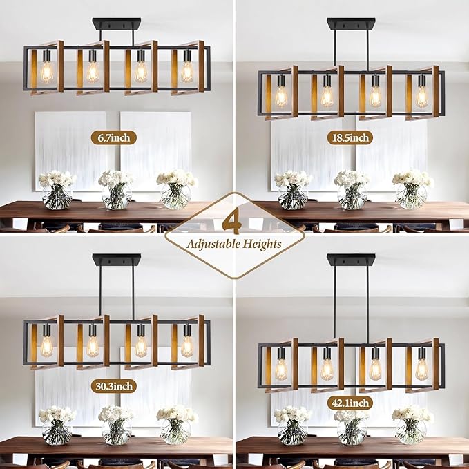 4 Lights Dining Room Light Fixture, Farmhouse Kitchen Island Lighting Wood and Black Metal Rectangular Hanging Chandelier for Ceiling Living Room, Modern Rustic Pendant Lighting Fixture Over Table