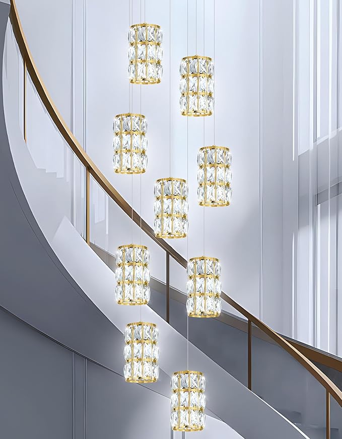 9-Lights Modern Crystal LED Dimmable for Staircase Foyer High Ceiling Chandeliers Hallway Gold