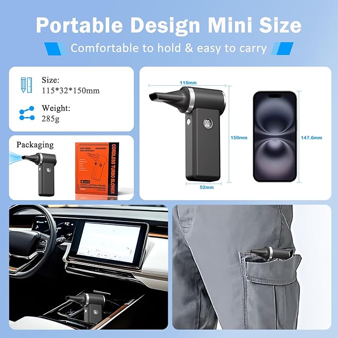 Cordless Electric Air Duster - 180K RPM Brushless Motor, 45W SuperFast Charge, 29.6Wh Rechargeable Battery, 4-Speed Adjustable Dust Blower for PC Cleaning, Electronics, Car & Woodworking, Black