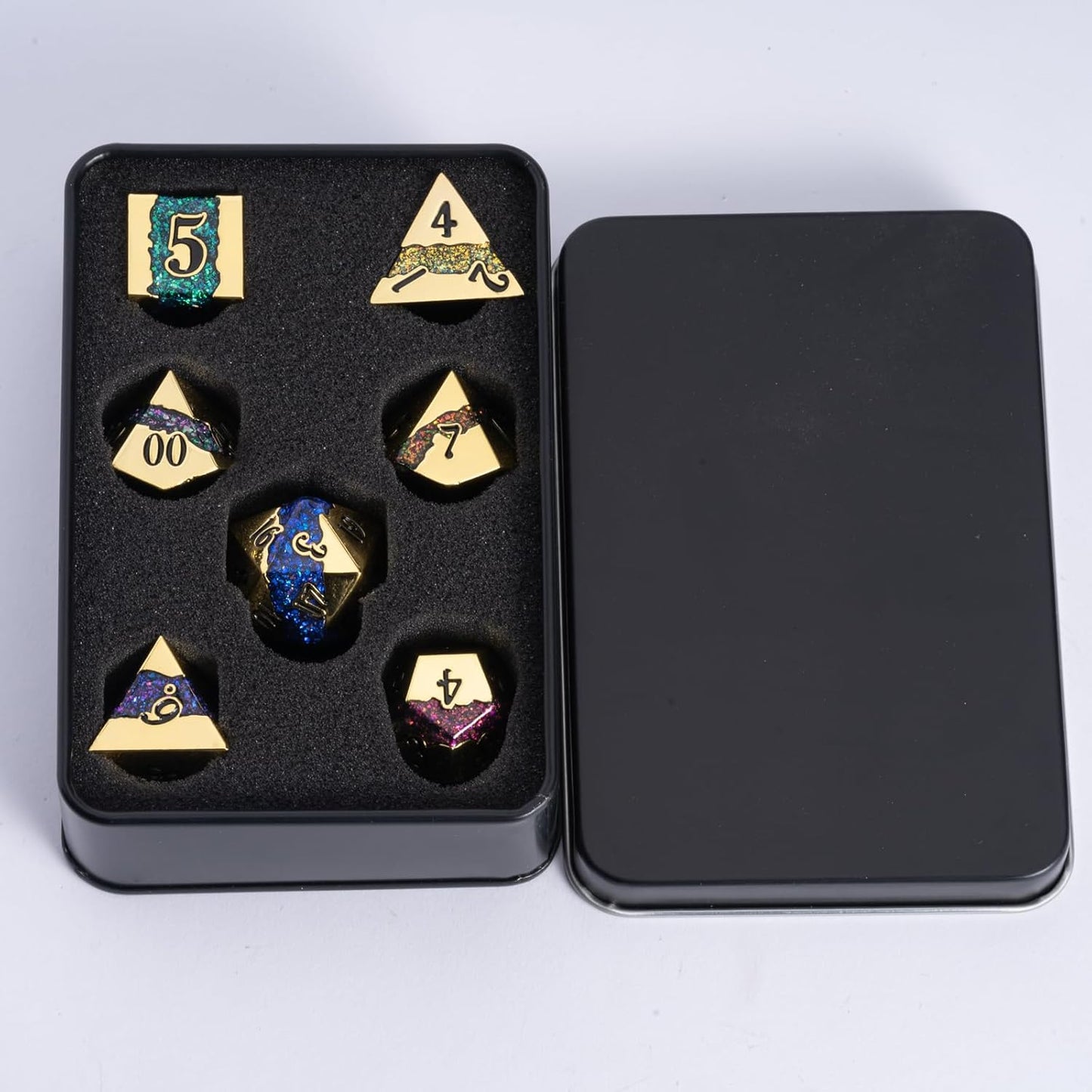 Metal DND Dice Set,Mica Glitter Stripe Dice Set with Gift Box,Metallic 7pcs Polyhedral Dice Set for RPG