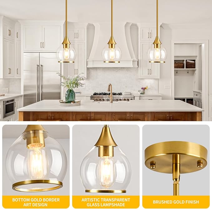 1-Piece Gold Island Light for Kitchen, 1-Light Brushed Gold Hanging Pendant Light with Clear Round Glass Shade for Dining Room,Bedroom