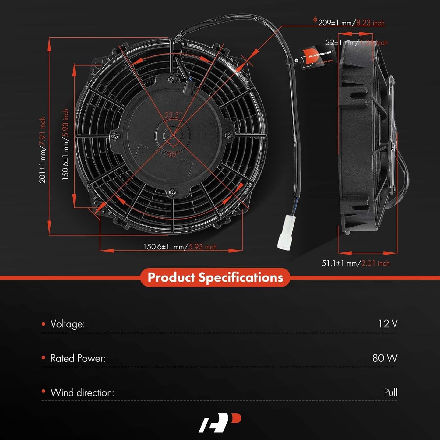 A-Premium 7.5'' 7.5 inch Slim Fan Pull Universal Electric Radiator Cooling Fan Assembly, 12V 80W with Mount Kit