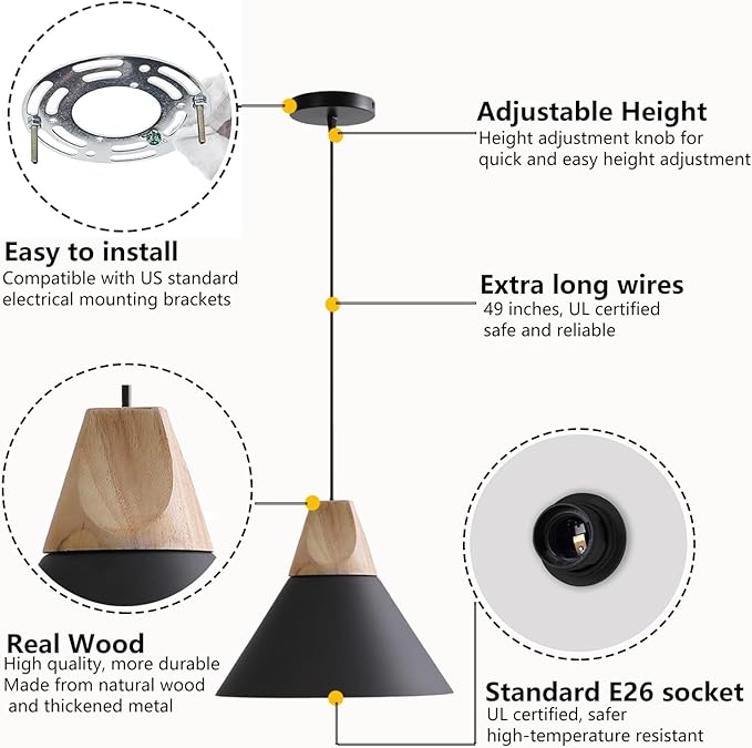 Pendant Light,Solid Wood Ceiling Hanging Lamp,Modern Matte Black Pendant Lighting for Kitchen Island Dining Room Coffee Bar (Black-2 Pack)