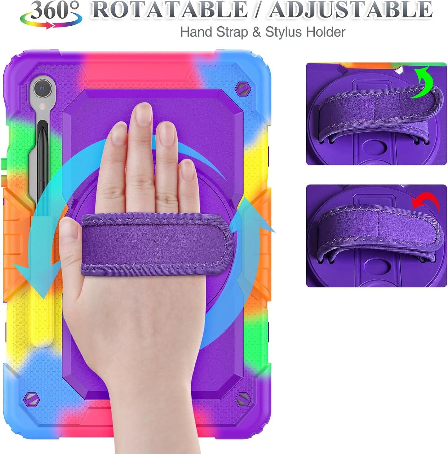 SEYMAC stock Case for Samsung Galaxy Tab S10 FE / S9 / S9 FE 5G Tablet Case Protective with Screen Protector, Pencil Holder, 360 Rotate Stand, Hand Strap, Shoulder Strap, Purple