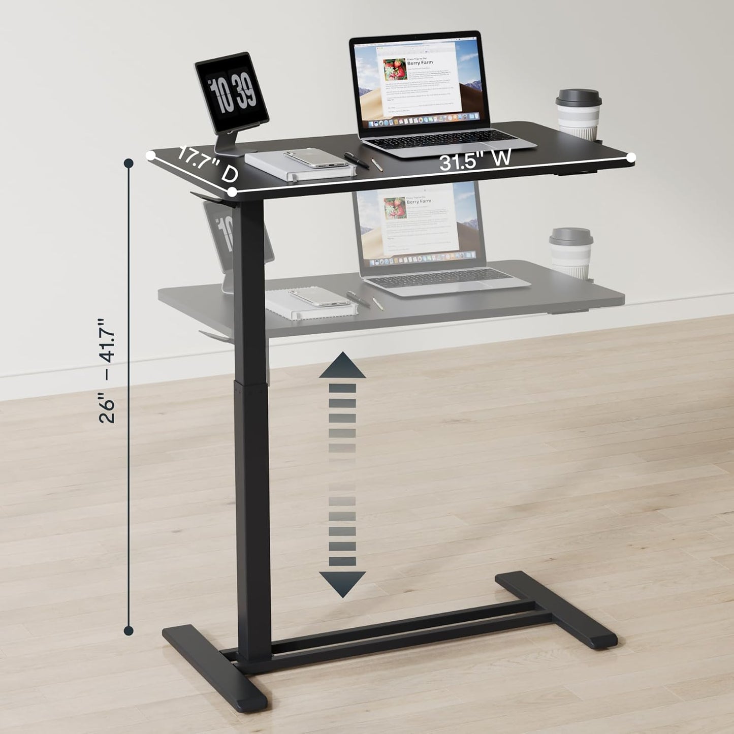 FLEXISPOT H7 Adjustable Overbed Bedside Table with Wheels Pneumatic Mobile Standing Desk Laptop Desk Rolling Computer Cart Movable Overbed Table Hospital Home Use(31.5" W x 17.7" D, Black Large)