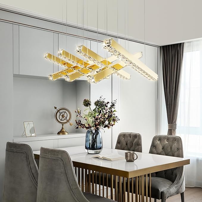 Modern LED Crystal Chandelier Gold Linear Crystal Chandeliers for Dining Room 7lights for Dining, Living Room, Kitchen Island, Bedroom