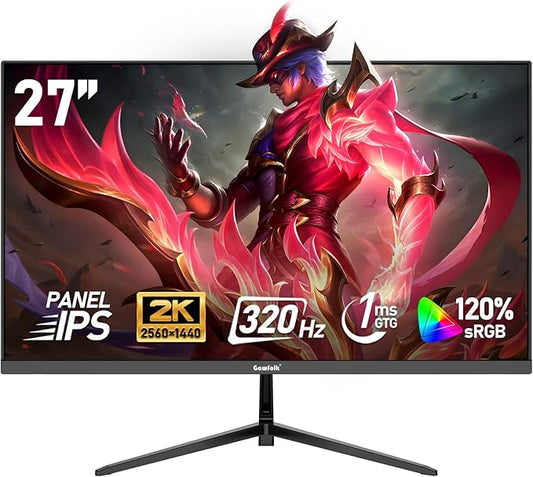 Gawfolk 27 inch IPS 2K QHD(2560×1440) PC Screen,320Hz Gaming Computer Monitor, 1ms Without Bezel, FreeSync,120% sRGB, HDMI2.0、DisplayPort, 75 * 75MM Wall Mount Compatible - Black
