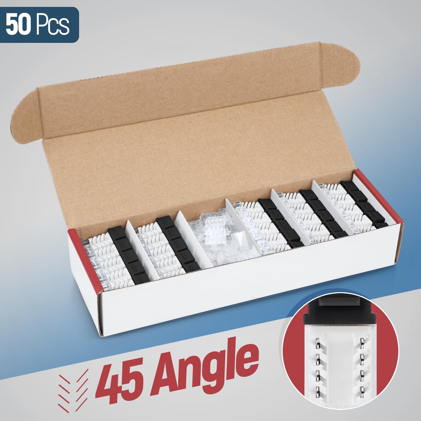 Everest 45° Angled RJ45 Cat6 Keystone Jacks 50-Pack in Black - Slim Profile Female RJ45 Connectors - Cat 6 Keystone Jack - Compatible with 45° Angled Speed Termination Tool - 45Term (B0BL3GS7ZY)
