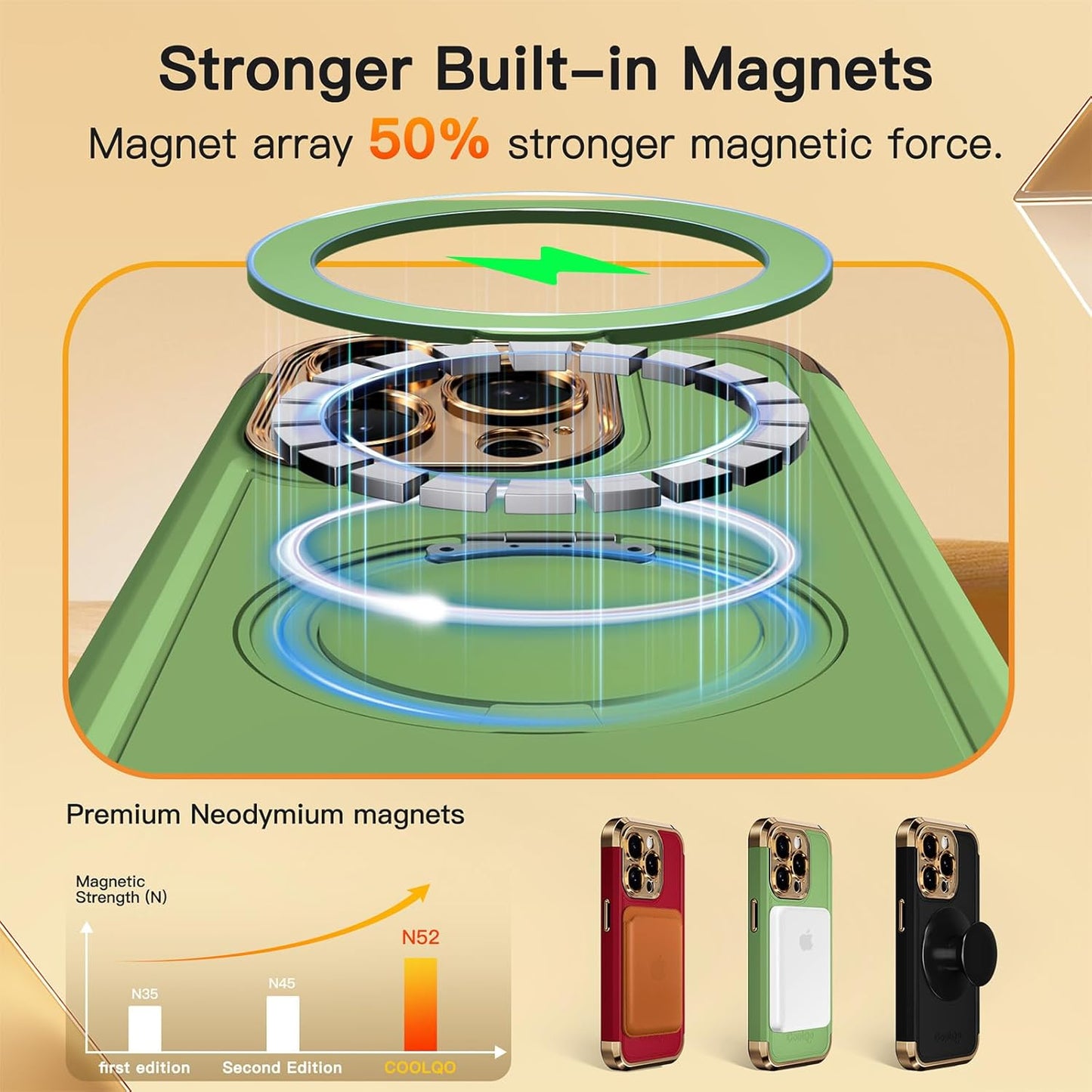 COOLQO for iPhone 15 Pro Max Case 6.7'' Upgraded 360° Spin Magnetic Stand [Compatible with Magsafe][Military Protection] Shockproof Protective Phone Holder Cover for iPhone 15 Pro Max, Matcha Gold