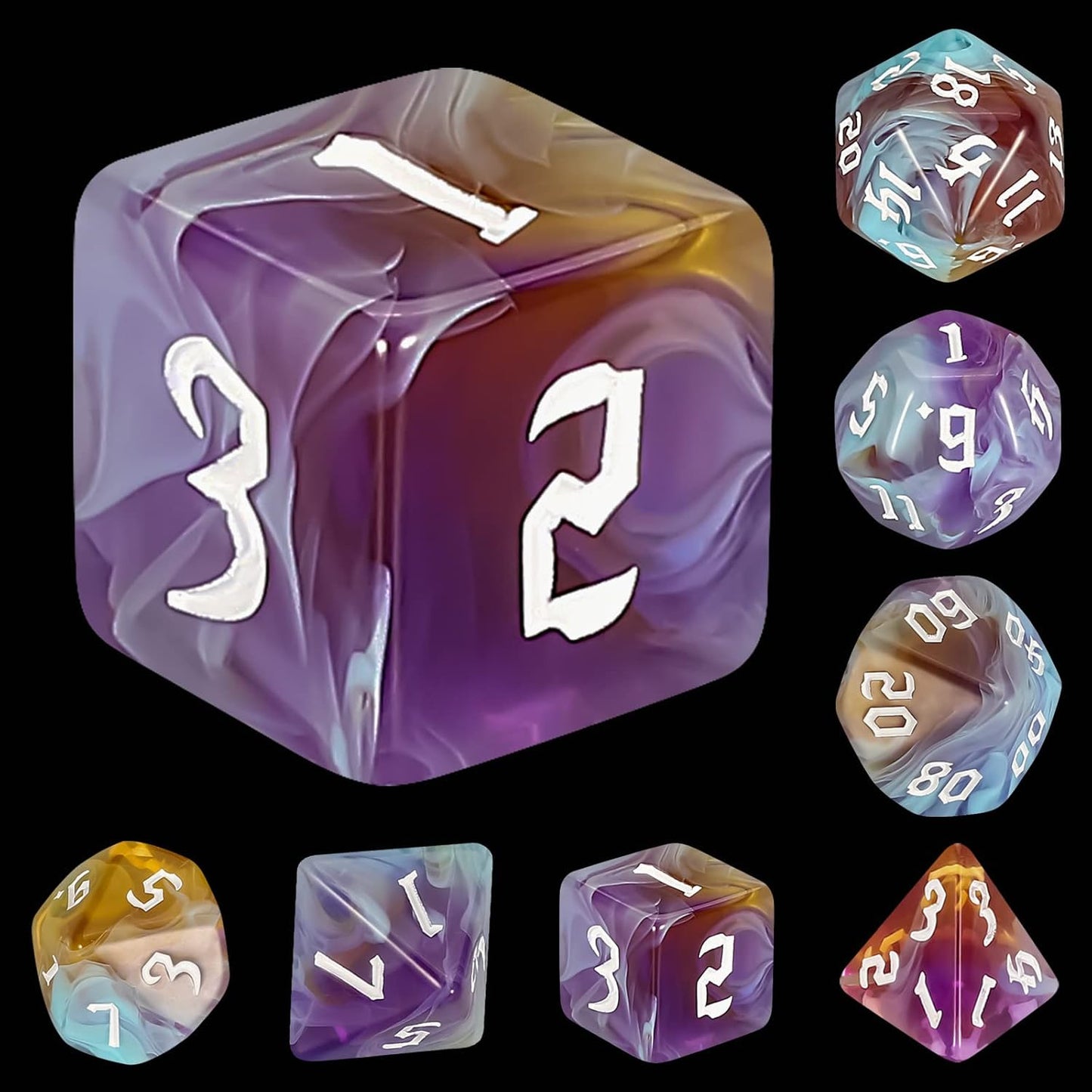 QMAY DND Dice Set -D&D Polyhedral Dice (7pcs) for Dungeons and Dragons (Water Blue and Purple)