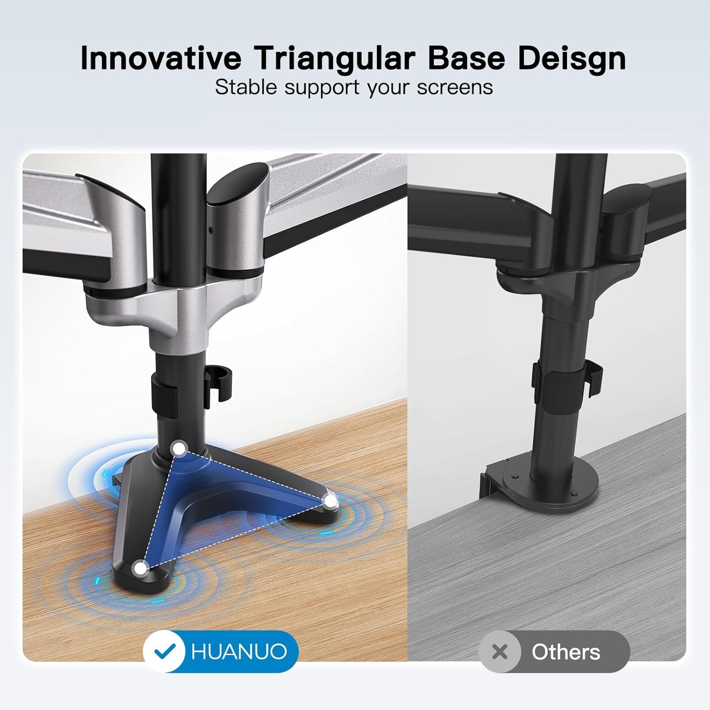 HUANUO Triple Monitor Stand - Full Motion Articulating Gas Spring Monitor Mount Fit Three 17 to 32 inch Flat/Curved LCD Computer Screens with Clamp, Grommet Kit, Silver