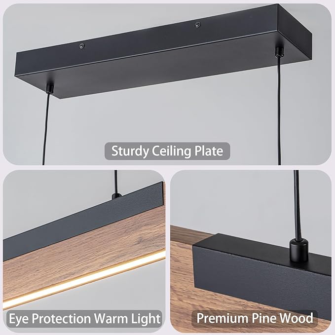 EDISLIVE 49.2 in Wood Linear LED Pendant Light Kitchen Island，Dimmable LED Island Light Adjustable Height 3000K for Dining Room - Black Walnut