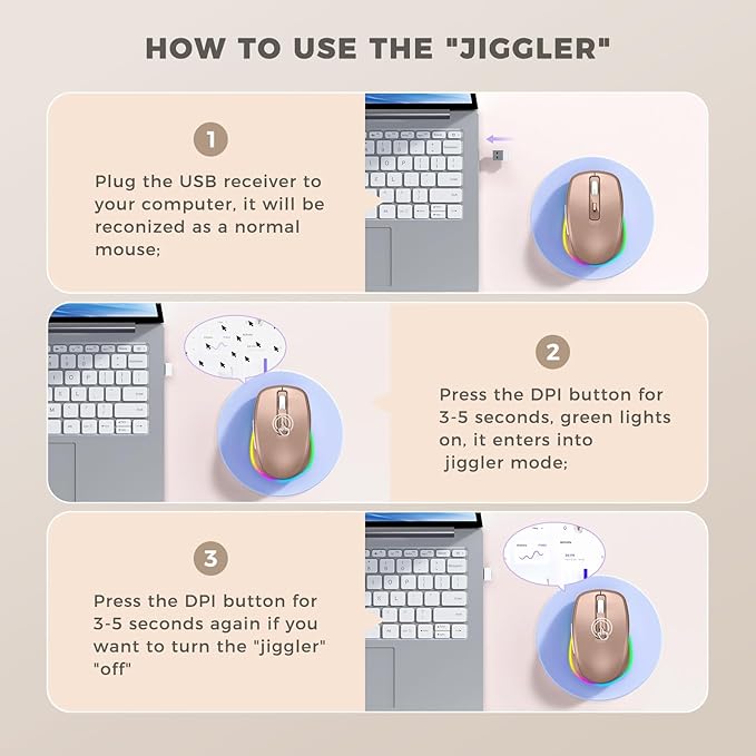 PEIOUS Wireless Mouse Jiggler - LED Wireless Mice with Build-in Mouse Mover, Rechargeable Moving Mouse for Laptop with Undetectable Random Movement Keeps Computers Awake - Gold