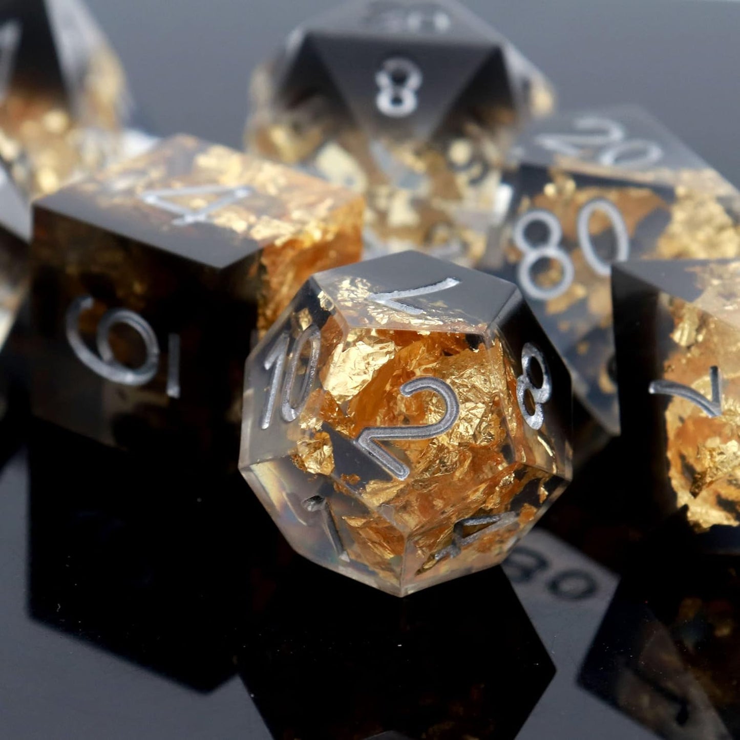 Haxtec DND Dice Set Black Sharp Edge Resin Dice Gold Flakes with Dice Case Black White Gold D&D Dice for RPG Role Playing Games Compatible with Dungeons and Dragons Gift War Series