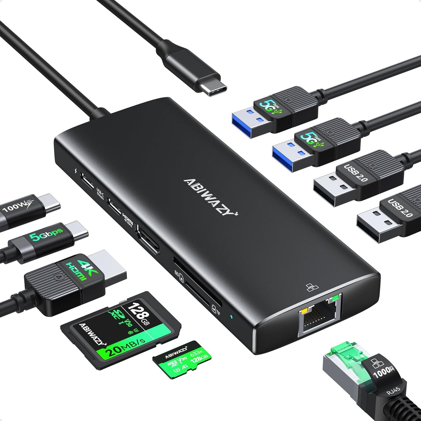 USB C Hub Multiport Adapter,10 in 1 USB C to USB HDMI Ethernet Hub USB C Dongle for MacBook Pro/Air, iPad Pro,Dell with 4K@60Hz HDMI+Ethernet+4USB+1USB-C Data Port+SD/TF Card Reader+100W PD (Black)