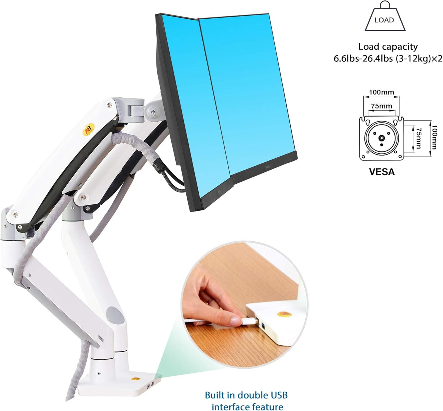 NB North Bayou Dual Monitor Desk Mount Stand Full Motion Swivel Computer Monitor Arm Fits 2 Screens up to 32'' with Load Capacity 6.6~26.4lbs for Each Monitor G75-W