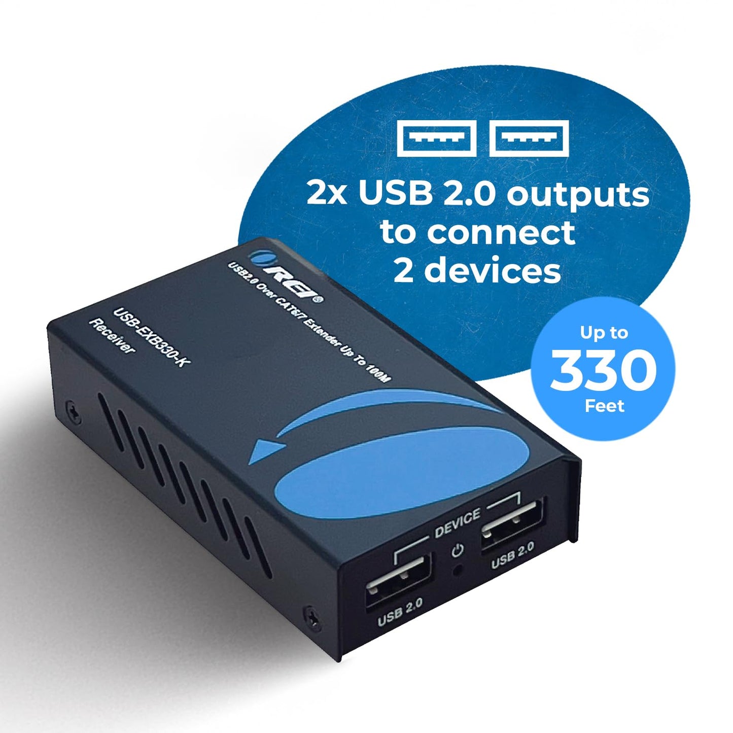 OREI USB 2.0 Over Ethernet Cat5e/6 Extender LAN Upto 330 Feet - Extends 2 Ports USB-A Signal Over LAN Ethernet - Power Over Cable for Long Distance Extension Supports All Operating System