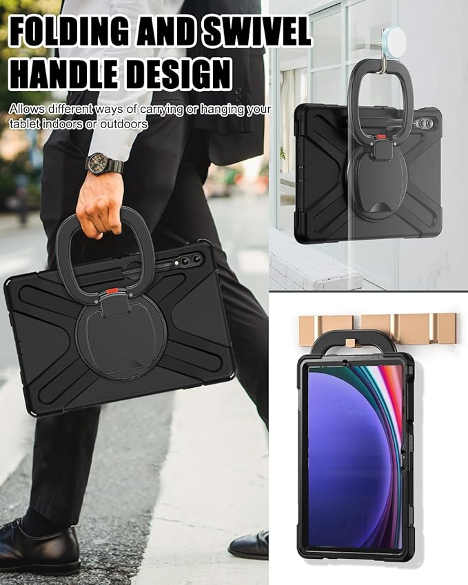 BRAECN Galaxy Tab S9+/S8+/S7+ Case, Heavy Duty Silicone with S Pen Holder, Stable Kickstand/Handle, Shoulder Strap for Samsung Tab S9 Plus 2023-Black