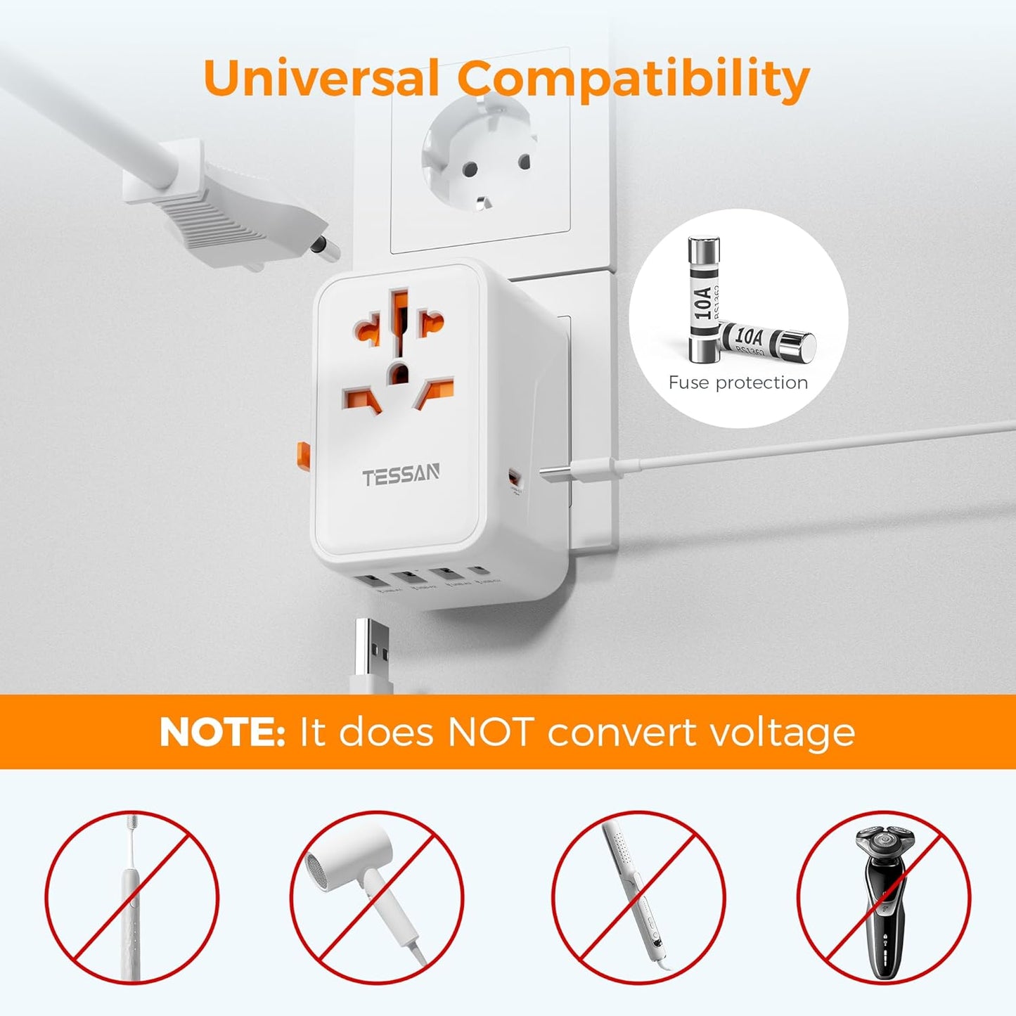 TESSAN Universal Travel Adapter, 45W International Plug Adaptor with 2 USB C 3 USB A Ports, Travel Worldwide Power Outlet for US to European EU UK AUS Ireland(Type C/G/A/I)