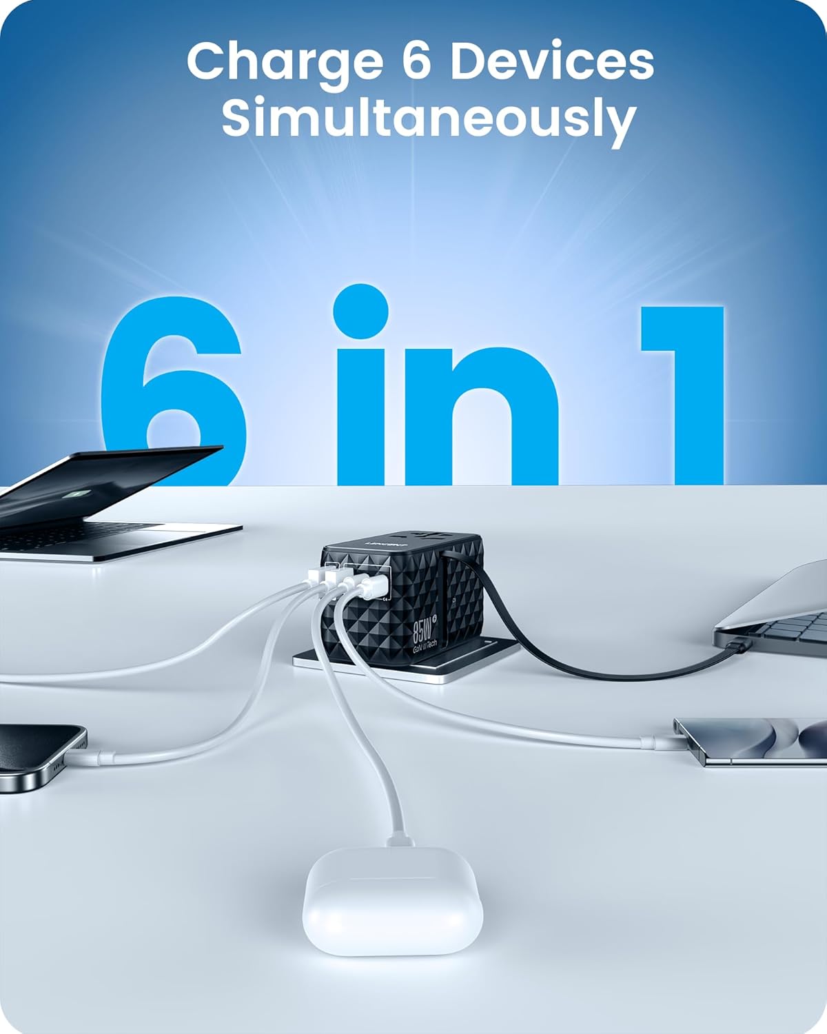 LENCENT 85W Universal Travel Power Adapter with Retractable USB C Cable, GaN International Travel Adapter with 1 USB-A & 3 Type C Fast Charging, Worldwide Plug Adaptor for US to EU UK Type C/G/A/I