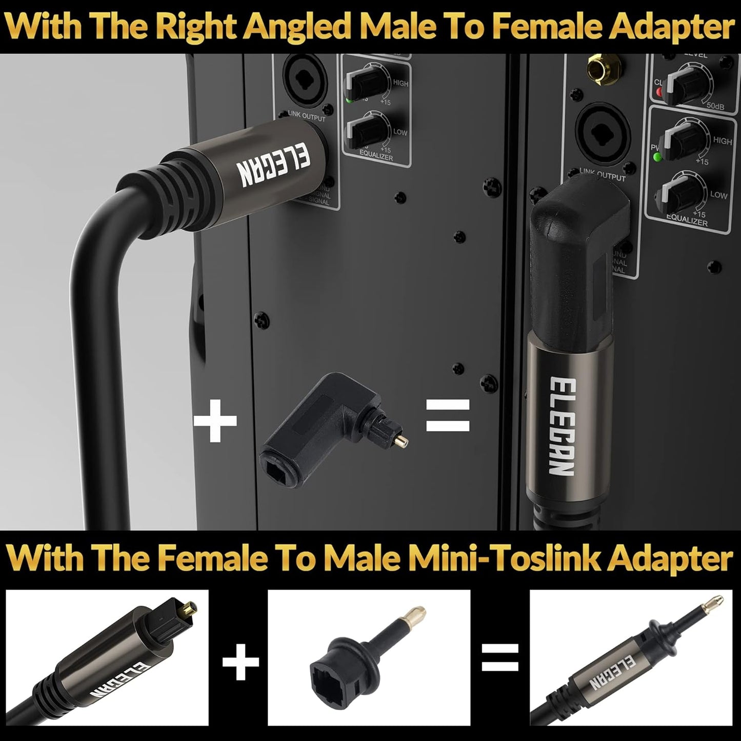 Elecan Optical Audio Cable 200 Ft Digital Audio Toslink Cable Cord-Fiber Optic-Gold Plated-Flexiable&Durable-for Home Theater,Sound Bar,PS4&Xbox-with 4 Right Angled and Mini Toslink Adapters+Ties