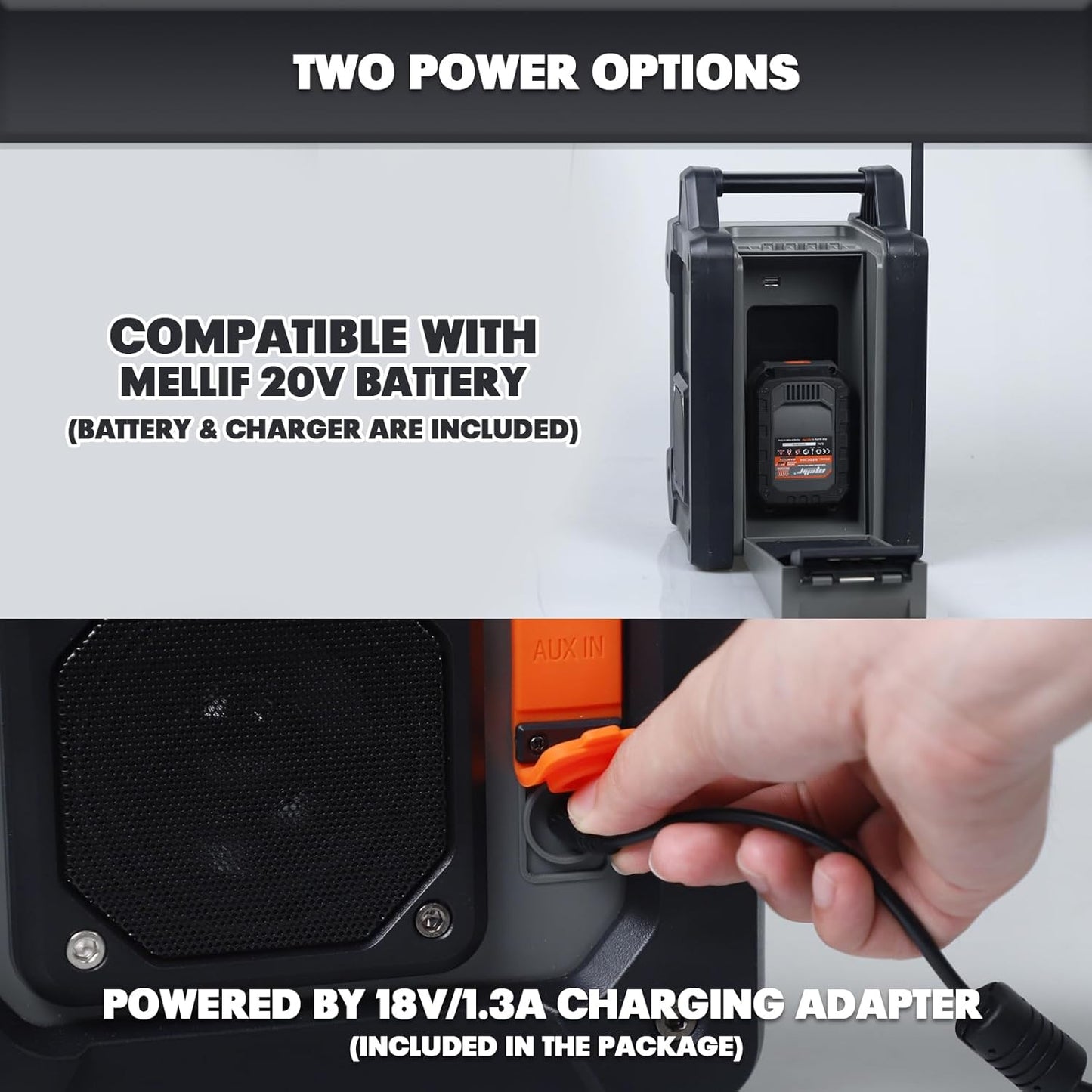Mellif Jobsite Radio Speaker Compatible with Dewalt 20v Max Battery, Enhanced Signal Reception, 100ft Wireless Range, Stereo, IPX54 Waterproof, TWS, AM/FM Presets, 2.0 Battery & 18V AC Power Cord