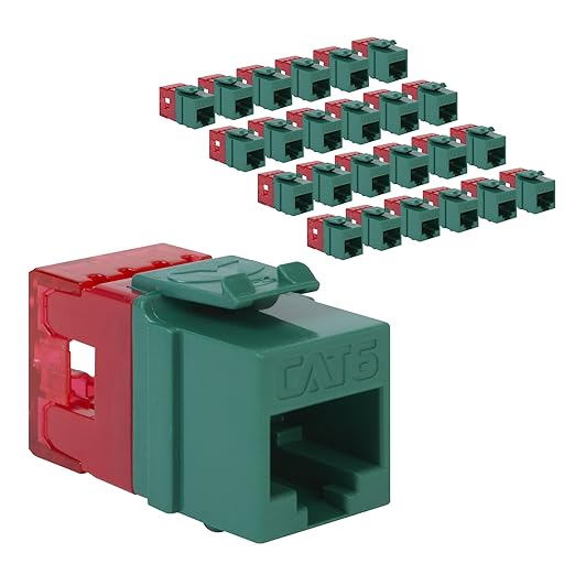 ICC CAT6 Keystone Jack with Slim Profile 180 Degree Punch Down, RJ45 UL Listed PoE++ TAA Compliant for Wall Plate or Patch Panel, Works with JackEasy Termination Tool, Green 25 Pack