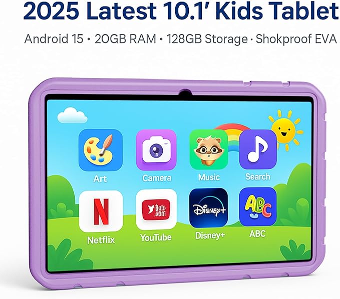 10.1 inch Kids Tablet, Android 15, 20GB RAM 128GB Storage, WiFi 6, HD Display, Parental Control, GPS, 12-Hour Battery, Tablet with EVA Protective Case-Purple