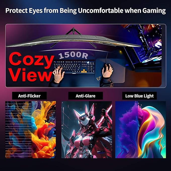 ZZA 32 Inch Curved Gaming Monitor, QHD 2560x1440, Ultra 300Hz & 240Hz Refresh Rate, Computer Monitor VA Panel,1500R, 1ms, HDR, AMD FreeSync Premium, NVIDIA G-SYNC Compatible