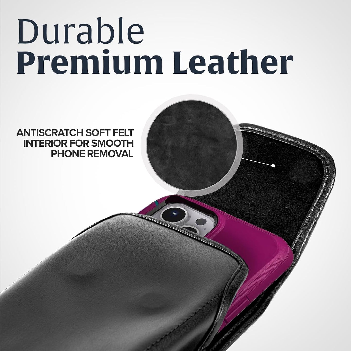 Turtleback Belt Holder for iPhone 16 Pro, 16e, 15 pro 14 Pro 13 Pro -Large- Fits w/Defender Bulky Style Cases, Premium Black Leather Vertical Holster, Magnetic Closure Leather Wrapped Belt Clip
