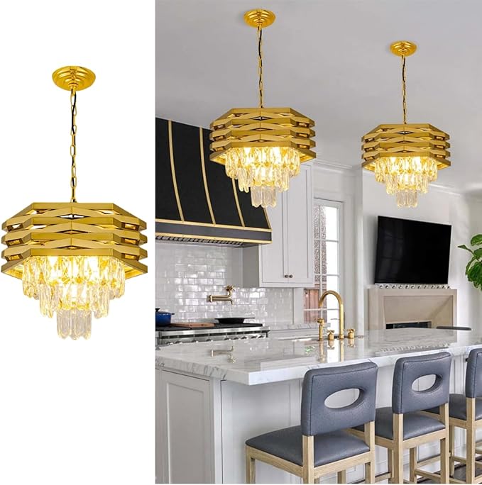 5-Light Gold Crystal Pendant Light 15.75" Modern Crystal Chandelier 3-Tier Luxury K9 Hanging Lighting Fixtures for Dining Room Hallway Living Room Bedroom Foyer Entryway Kitchen Island