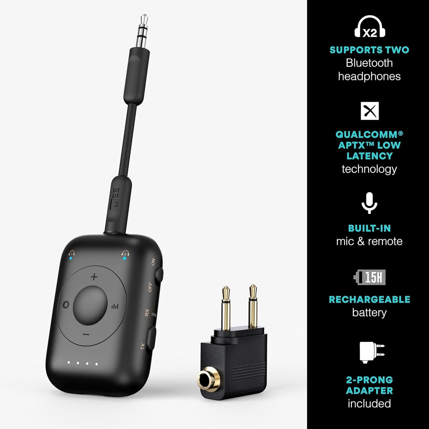 MEE audio Connect Air Pro (2 PACK) Bluetooth Wireless Audio Transmitter & Receiver for AirPods or Bluetooth Headphones, 2-in-1 Adapter with Detachable Cable for 3.5mm devices on Airplanes, Black&White