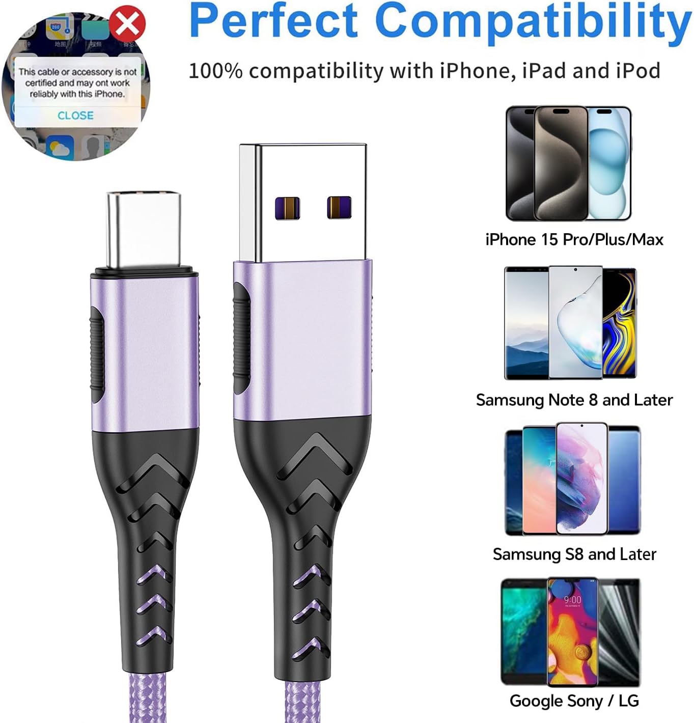 Durcord USB Type C Cable, 2Pack 3ft USB A to USB C Cable 3 Feet USB Type C Cord Cable for Android Phone Pad Laptop, 10 Foot Type C Charger Premium Nylon Braided USB Cable -Light Purple