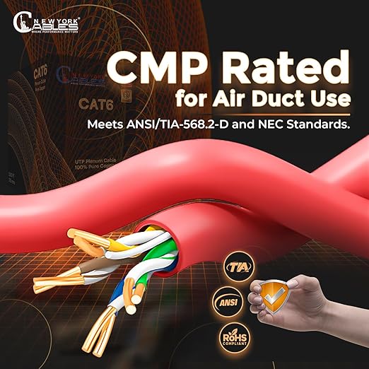 NewYork Cables | CAT6 Plenum Cable 1000ft UL/ETL Listed, 100% Pure Copper, UTP, 550MHz, 23AWG, 4Pair 10GB Ethernet Cable | Certified CMP-Rated Fire-Resistant (1000ft, Pure Copper UL Listed, Red)