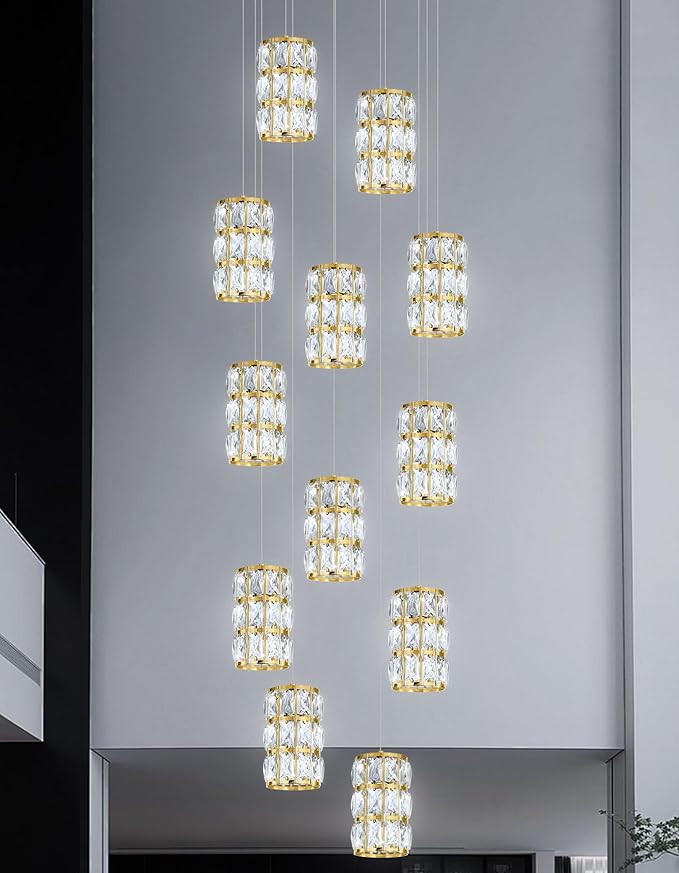 12-Lights Modern Crystal LED Dimmable for Staircase Foyer High Ceiling Chandeliers Hallway Gold