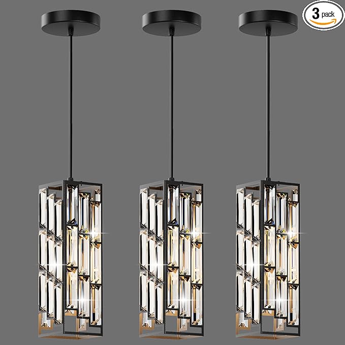 Black Pendant Lights Modern Pendant Light Fixture, Mini Crystal Pendant Ceiling Light, Pendant Light for Kitchen Island, Dinning Room, Bedroom, Kitchen Sink Lighting (3-Pack)