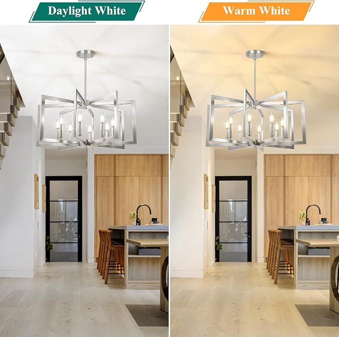 8-Light Brushed Nickel Chandelier, Farmhouse Dining Room Light Fixture, Modern Chandelier, Geometric Industrial Metal Hang Lighting Fixture for Foyer Entryway Kitchen Over Table Hallway Living Room