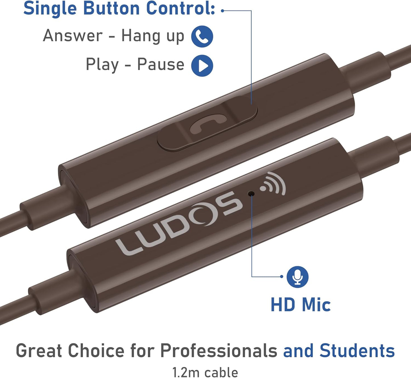 LUDOS OMNITONE Wired Earbuds in-Ear Headphones, 5 Year Warranty, Earphones with Microphone, 3.5 mm Jack Corded Ear Buds, Videoconference for iPhone, Samsung, Laptop, Kids, School Students - Brown