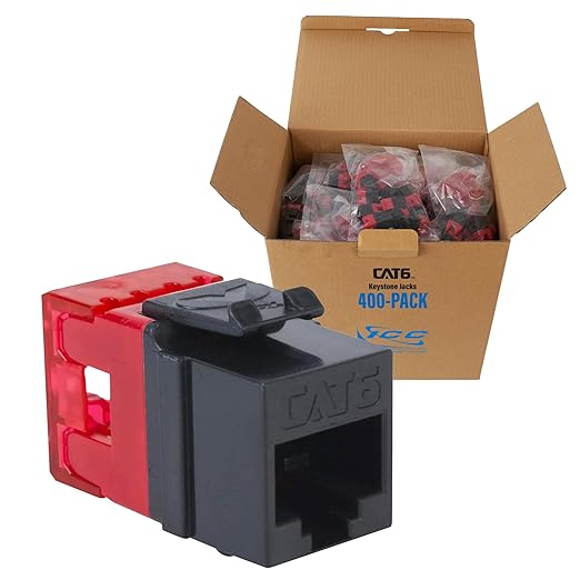 ICC CAT6 Keystone Jack with Slim Profile 180 Degree Punch Down, RJ45 UL Listed PoE++ TAA Compliant for Wall Plate or Patch Panel, Works with JackEasy Termination Tool, Black 400 Pack