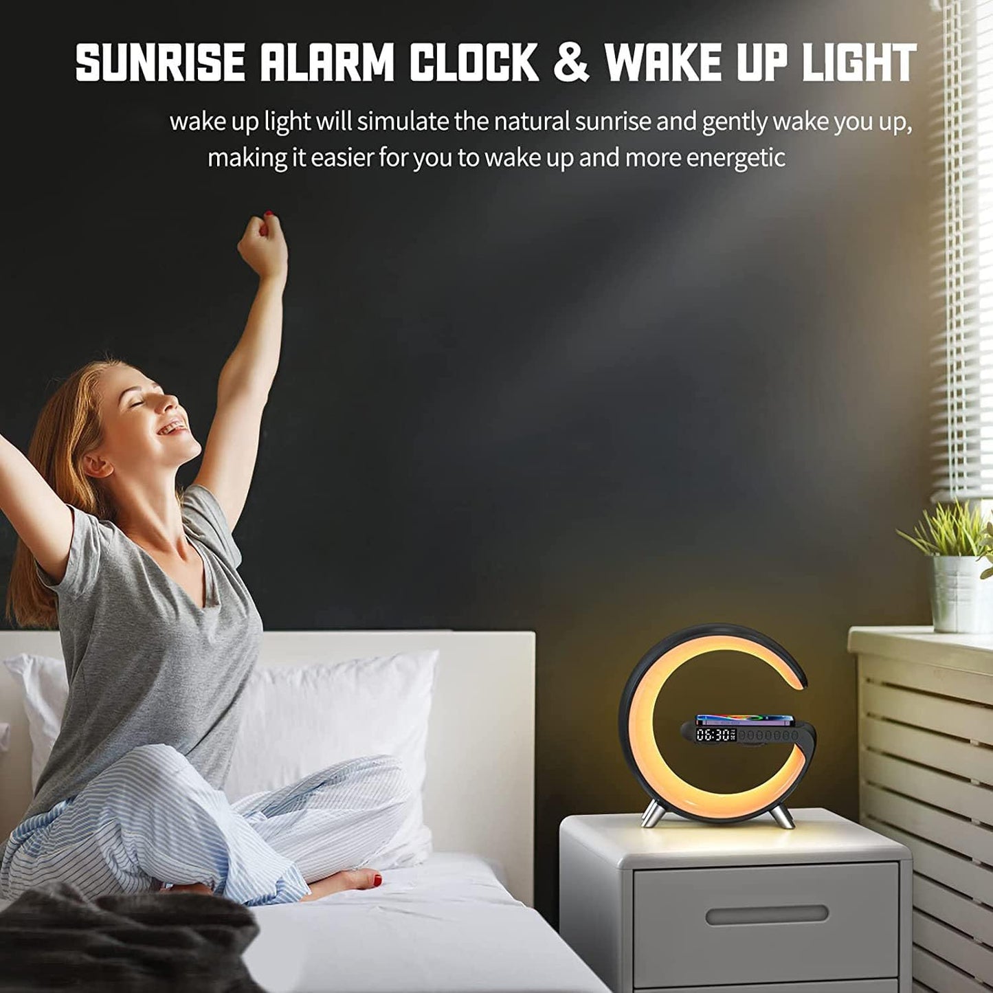 Smart Table Lamp with 4-in-1 Wireless Charger, Night Light, Bluetooth Speaker, Alarm Clock, App Control, Office, Bedroom, Home Decor (White)